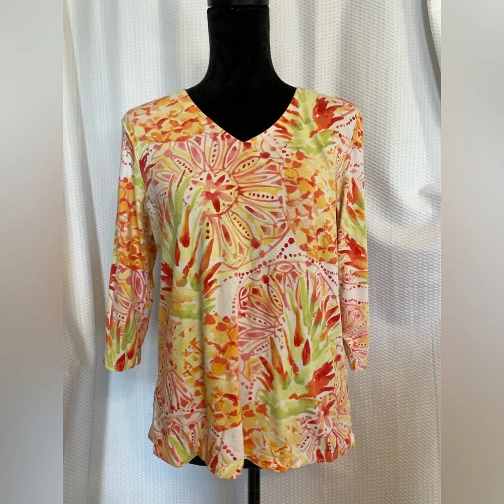 Alfred Dunner Cotton Blend Multicolor Floral Print V-neck 3/4 Sleeve Blouse S
